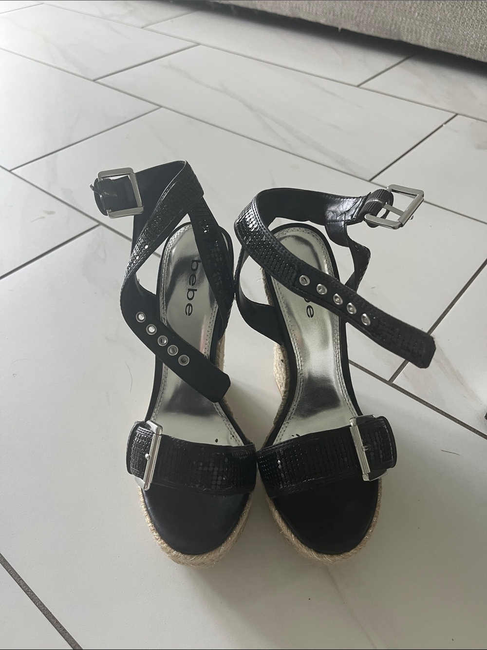 bebe Black Textured Espadrille Wedge Sandals with Buckle Straps - Picture 3 of 6